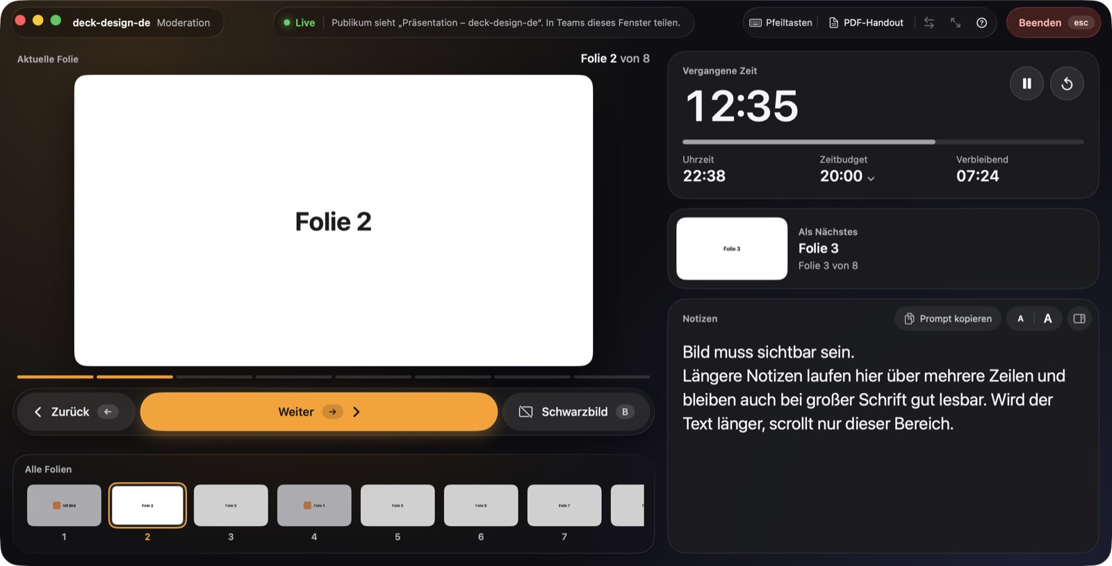 Referentenansicht von presenthtml beim Vorführen einer HTML-Präsentation: aktuelle Folie, nächste Folie, Zeitbudget und Sprechernotizen