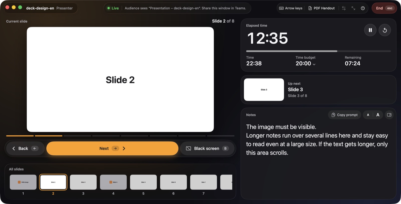 presenthtml presenter view while presenting HTML slides: current slide, next slide, time budget and speaker notes
