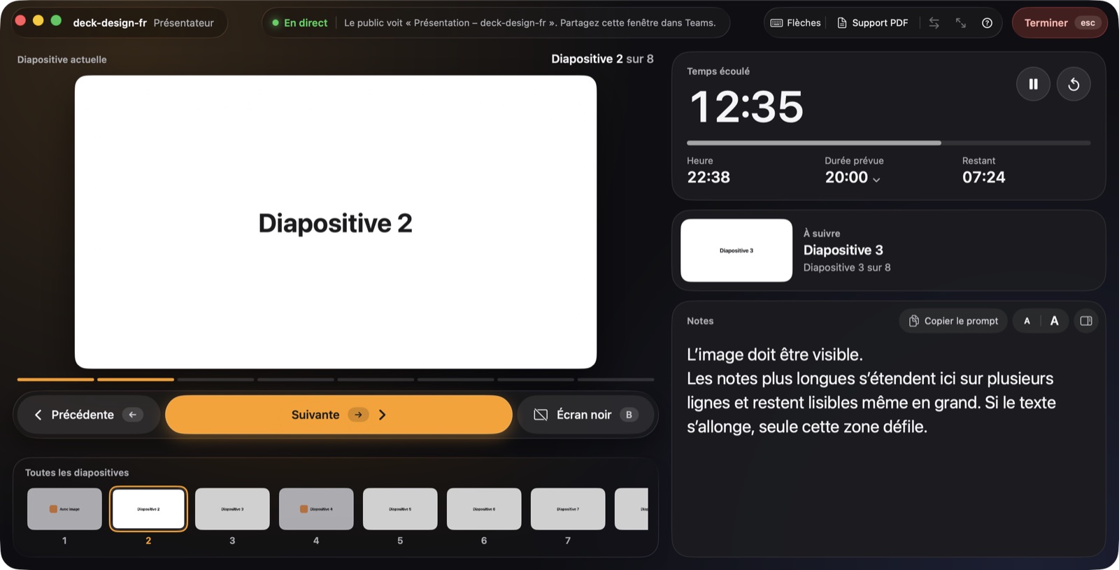 Vue présentateur de presenthtml pendant une présentation HTML : diapositive actuelle, diapositive suivante, durée prévue et notes
