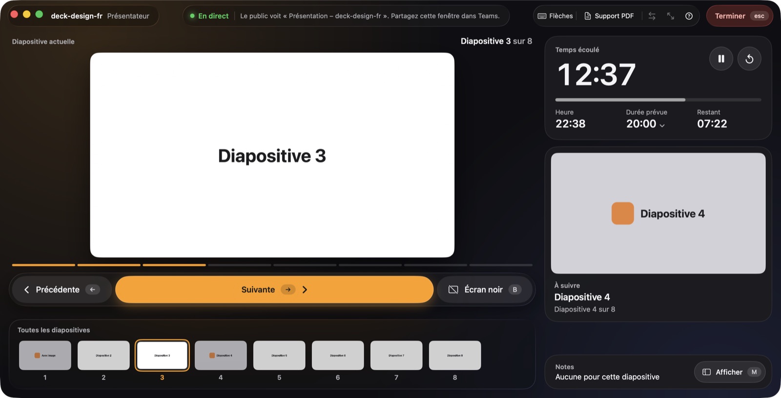 Vue présentateur sans notes : l’aperçu de la diapositive suivante s’affiche en grand