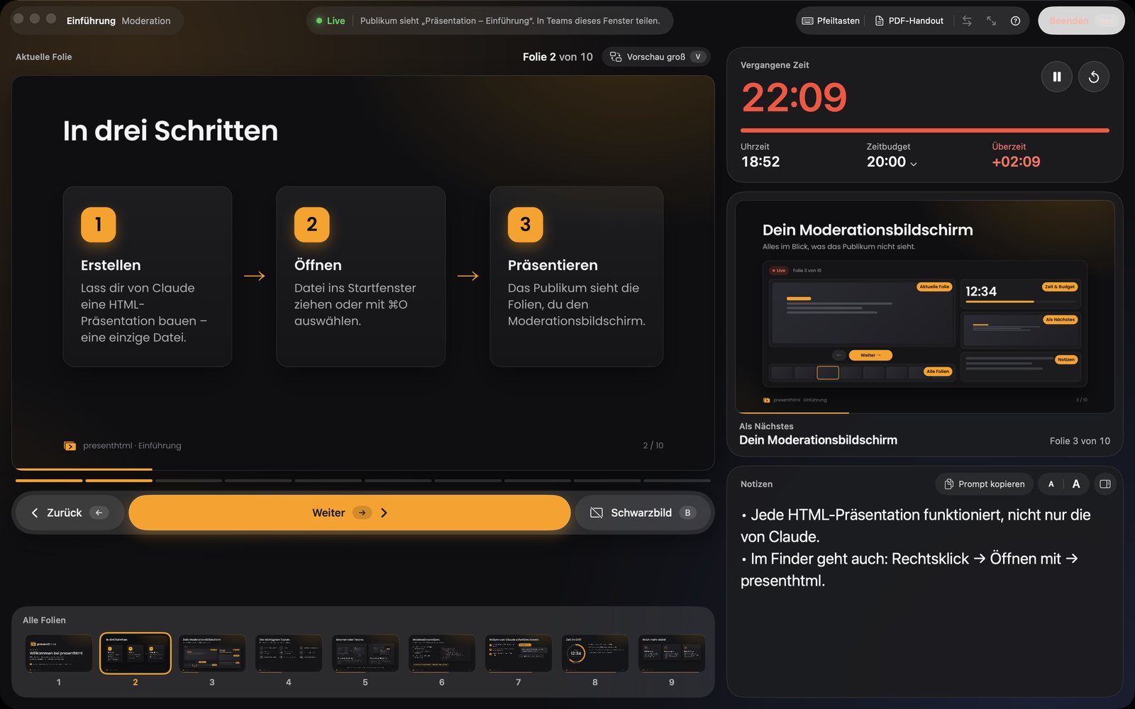 Referentenansicht mit Überzeit-Anzeige beim Vorführen einer HTML-Präsentation