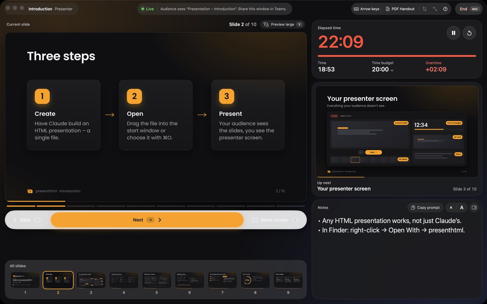 Presenter view showing overtime while presenting an HTML presentation